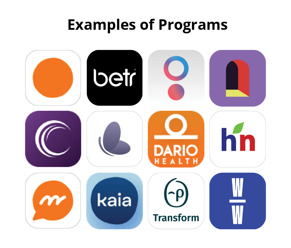 Examples of Programs with Icons of different phone apps including Headspace, betr, kaia, transform and Dario Health.