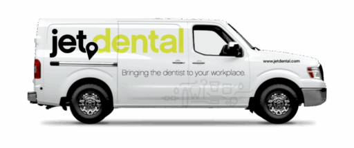 White van with the words jet detal logo on the side. Below is quote that says, Bringing the dentist to your workplace.